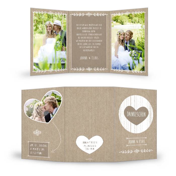 Danksagung zur Hochzeit im Packpapierlook in Braun mit Herz Cariñokarten