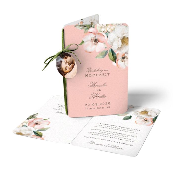 Florale Hochzeitseinladung mit Blumen im Aquarell Stil online selbst gestalten - carinokarten