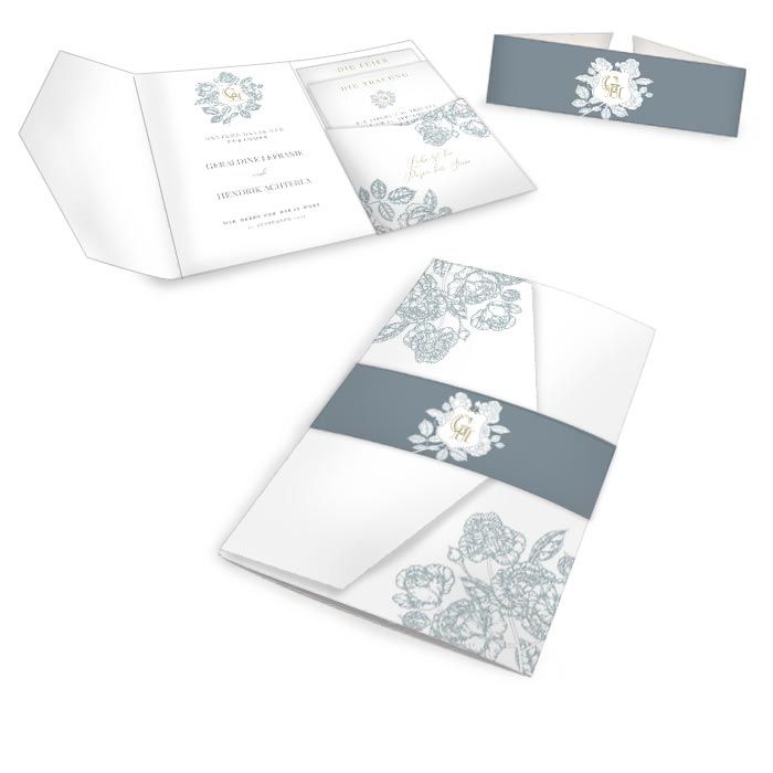 Elegante Hochzeitseinladung mit Monogramm und floralem Rahmen