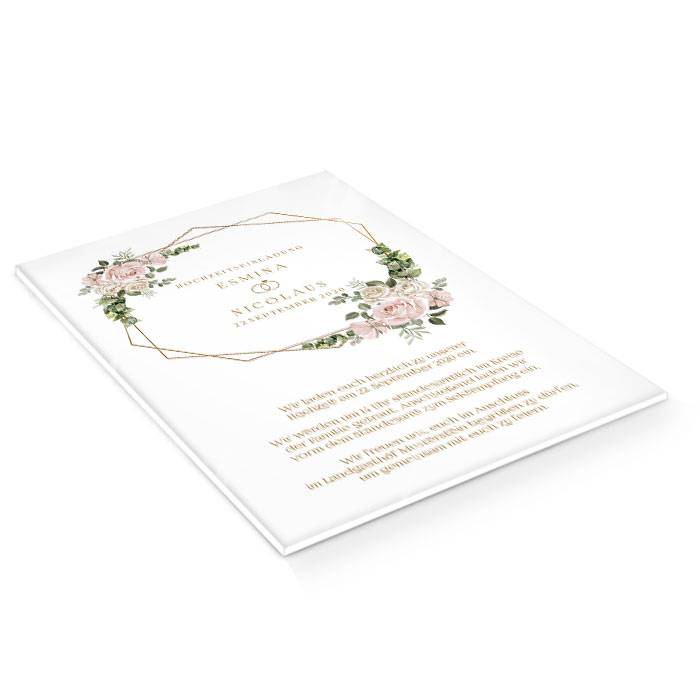 Romantische Acryl Hochzeitseinladung mit Rosen und geometrischem Rahmen