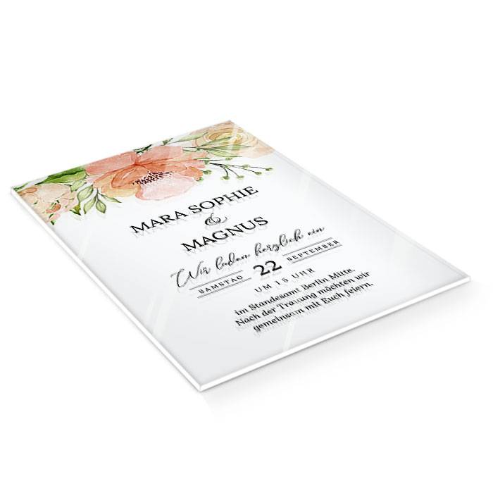 Acryl Hochzeitseinladung mit Aquarellblumen und Kalligraphie