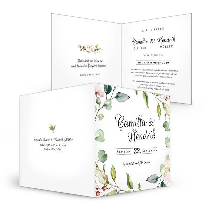 Greenery Hochzeitseinladung mit Blätterkranz in Aquarelloptik - carinokarten