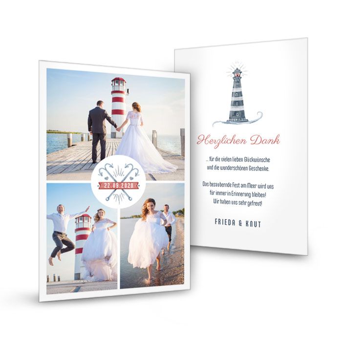Danksagungskarte zur maritimen Leuchtturm Hochzeit Cariñokarten