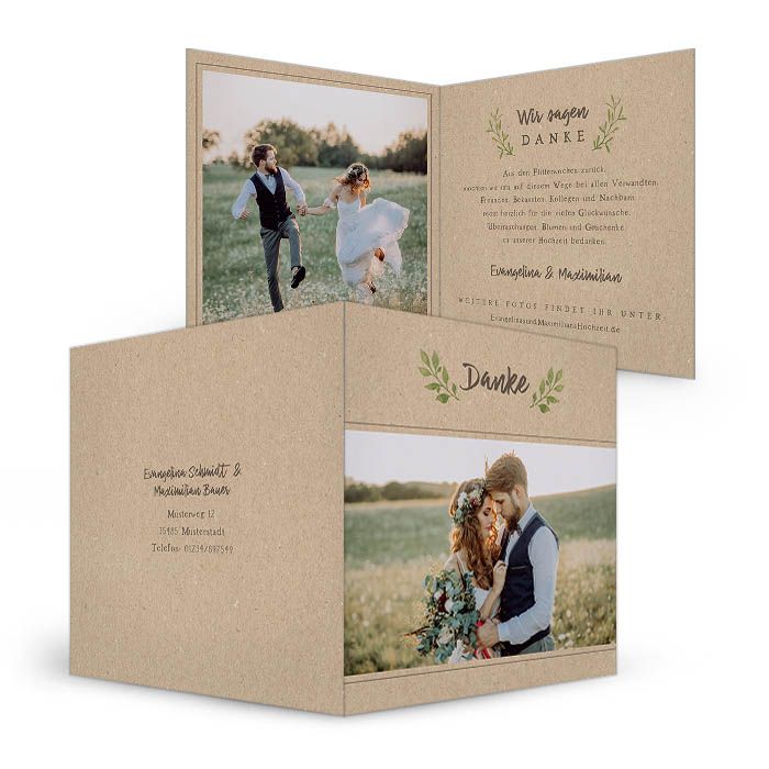 Danksagung zur Hochzeit als Klappkarte im Greenery Stil Cariñokarten