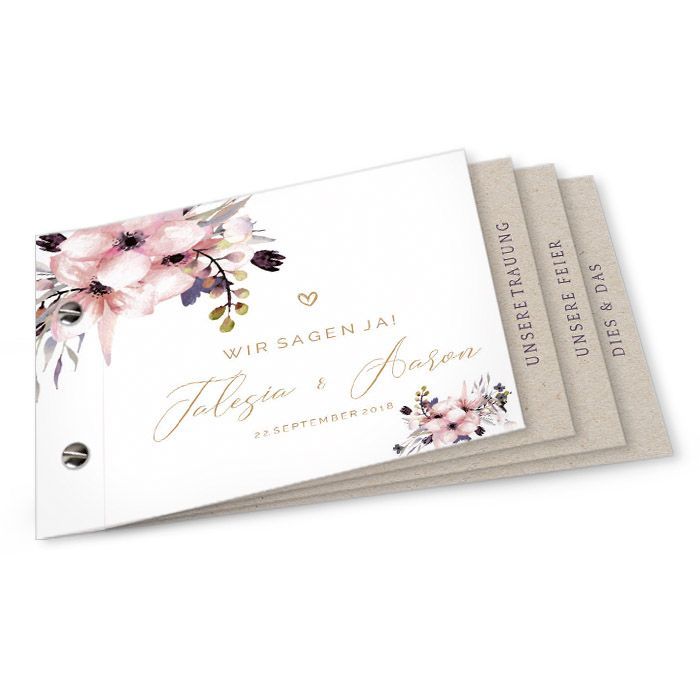 Einladung zur Hochzeit mit zarten Aquarellblumen als Booklet Cariñokarten
