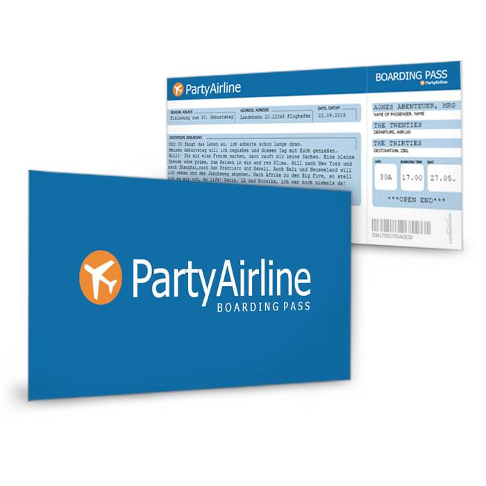 Geburtstagskarte Flugticket in Blau für die Party-Airline ...