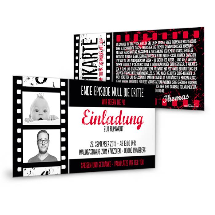 Geburtstagseinladung im Kino Design mit Filmstreifen Cariñokarten