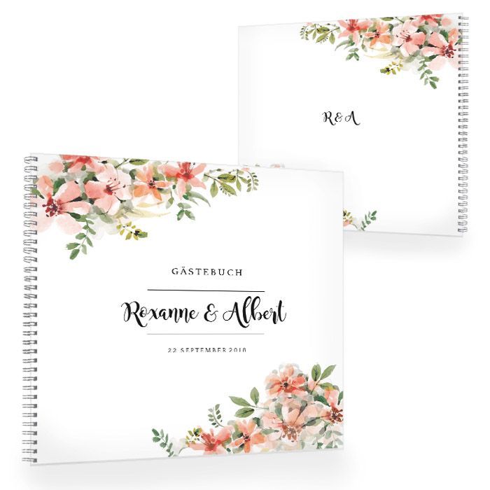 gaestebuch_im_landhausstil_mit_aquarellblumen_in_lachstoenen_ _roxanne_und_albert
