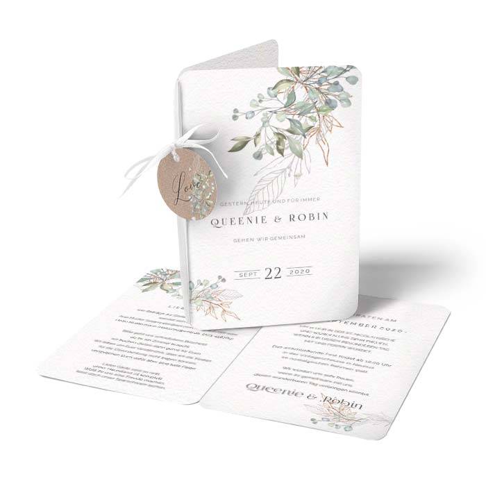 Greenery Hochzeitseinladung mit Aquarellzweigen und Anhänger Cariñokarten