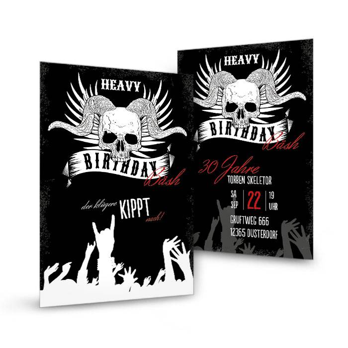 Geburtstagseinladung Heavy Metal mit Totenkopf Cariñokarten