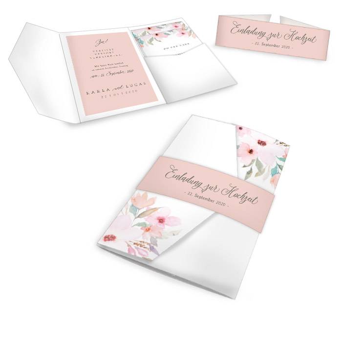 Hochzeitseinladung als Altarfalz mit zarten Blüten und Anhänger
