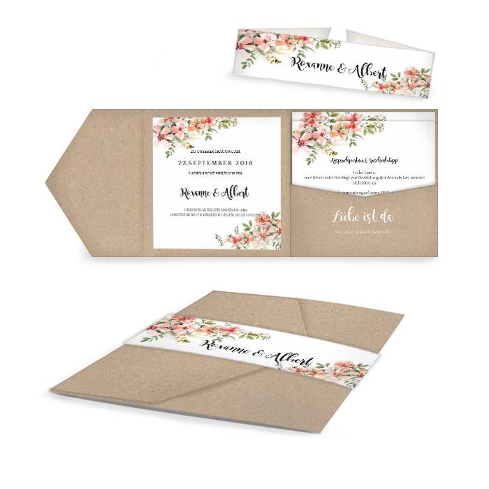 Hochzeitseinladung mit Aquarellblumen als Pocket Fold Cariñokarten