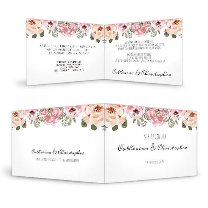 Vintage Hochzeitseinladung mit Aquarellblumen als Klappkarte Cariñokarten