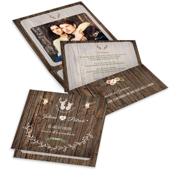 Hochzeitseinladung für Jäger mit Jagdmotiv in Holzoptik Cariñokarten