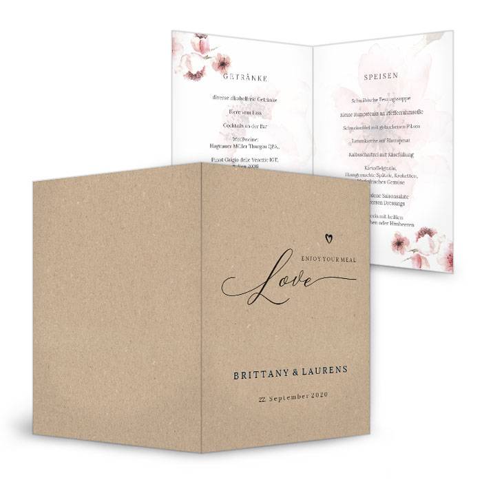 Hochzeitsmenükarte mit Kirschblüten und Kraftpapieroptik | Cariñokarten