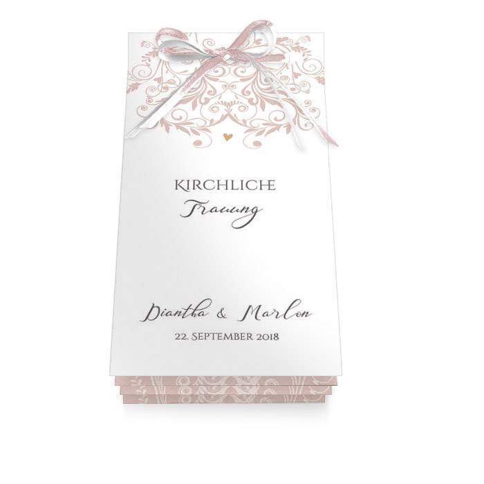 Kirchenheft als Booklet mit Schleifen und rosa Ornamenten ...