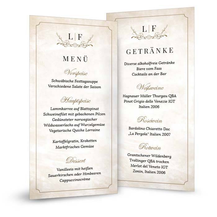 Klassische Menükarte zur Hochzeit in Shabby Chic mit zarter Ranke