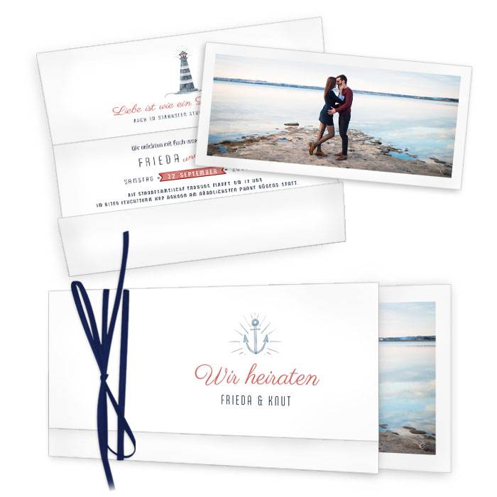 Maritime Hochzeitseinladung mit Anker und Leuchtturm Cariñokarten