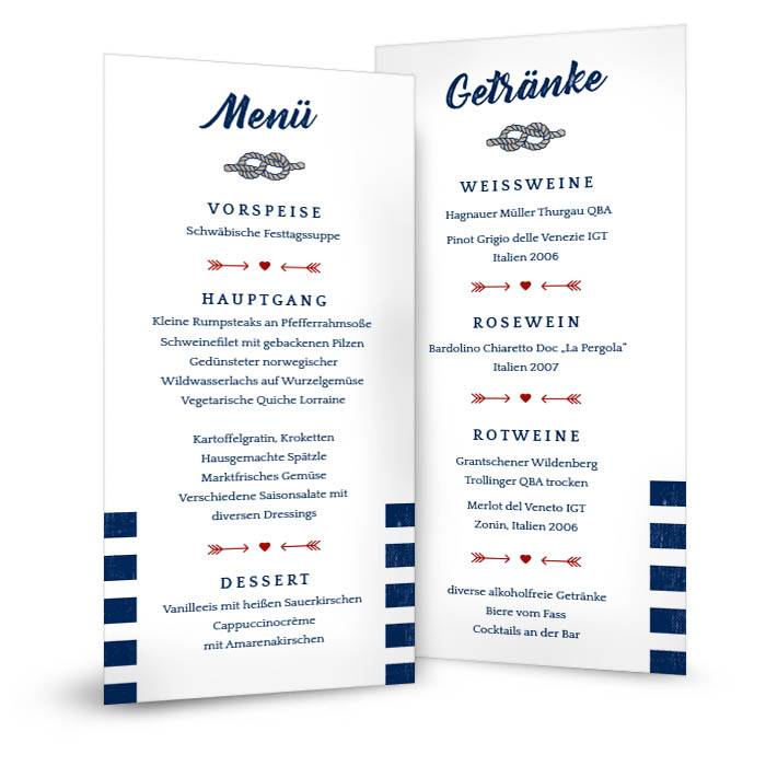 Menükarte zur maritimen Hochzeit mit Streifen in Blau Weiß | Cariñokarten