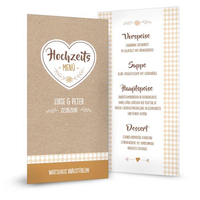 Menükarten zur bayerischen Hochzeit in Kraftpapieroptik Cariñokarten