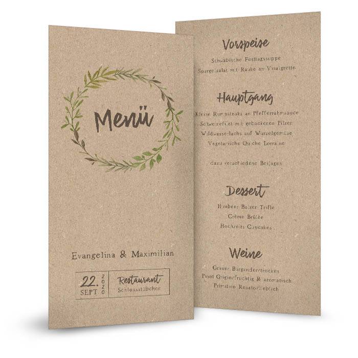 Menükarte zur Hochzeit im Greenery Stil in Kraftpapieroptik Cariñokarten