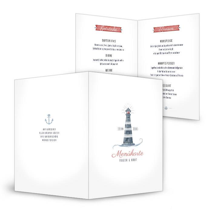 Menükarte zur maritimen Hochzeit mit Leuchtturm und Anker Cariñokarten