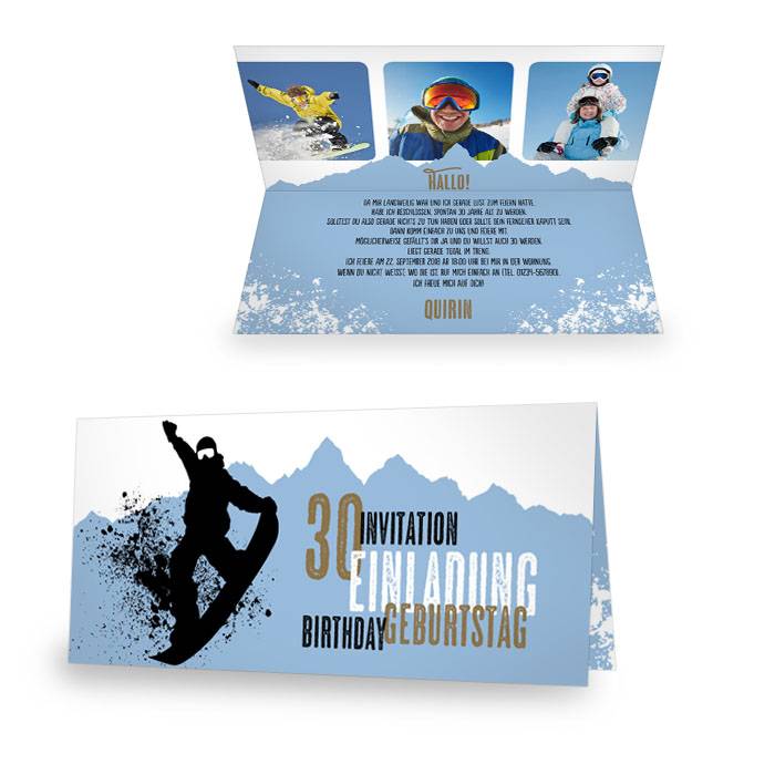Moderne und coole Geburtstagseinladung mit Snowboard und Bergen