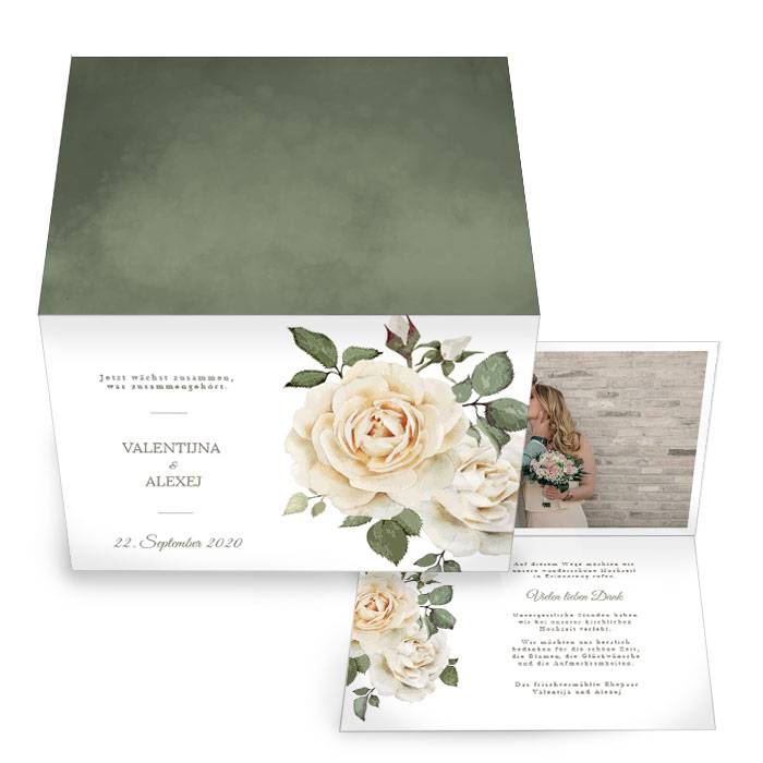 Danksagung zur Hochzeit als Klappkarte mit weißen Rosen Cariñokarten