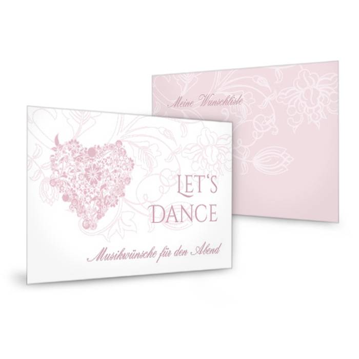 Musikwunschkarte zur Hochzeit mit floralem Herz in Rosa Cariñokarten