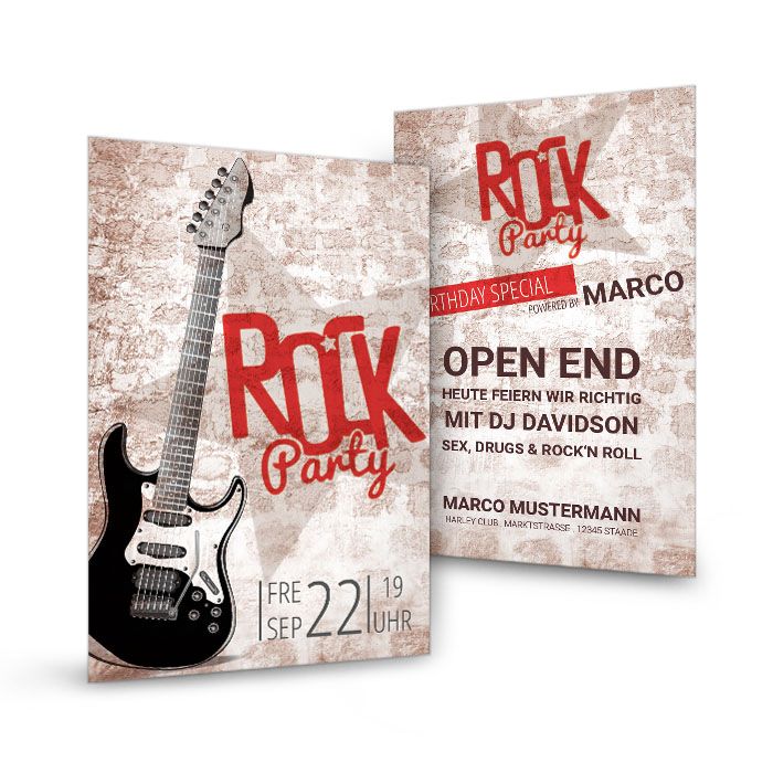 Geburtstagseinladung für die Rock Party im Flyerdesign Cariñokarten