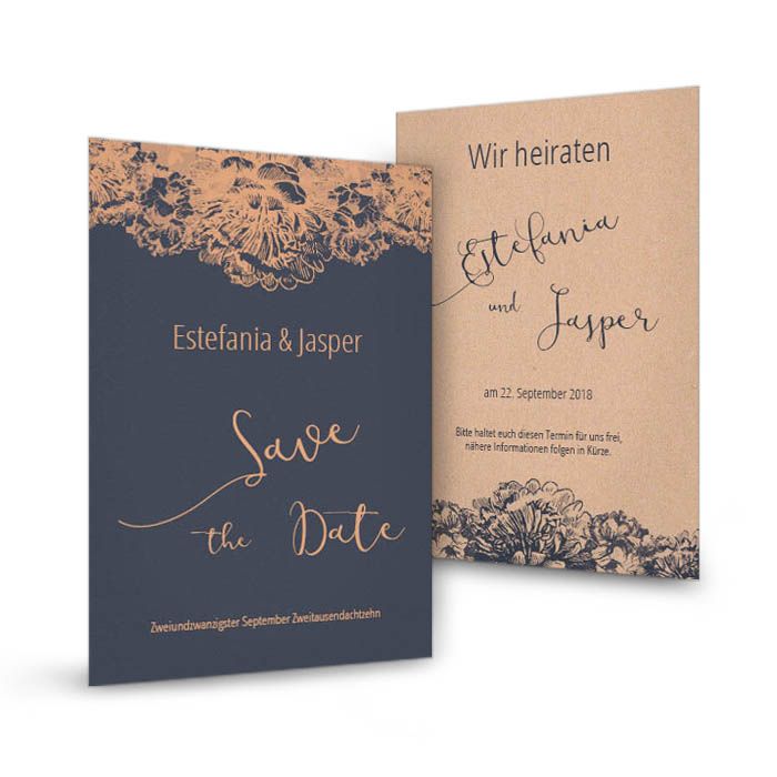 save the date karte in dunkelblau mit blumen in kupfer cariñokarten safe the date