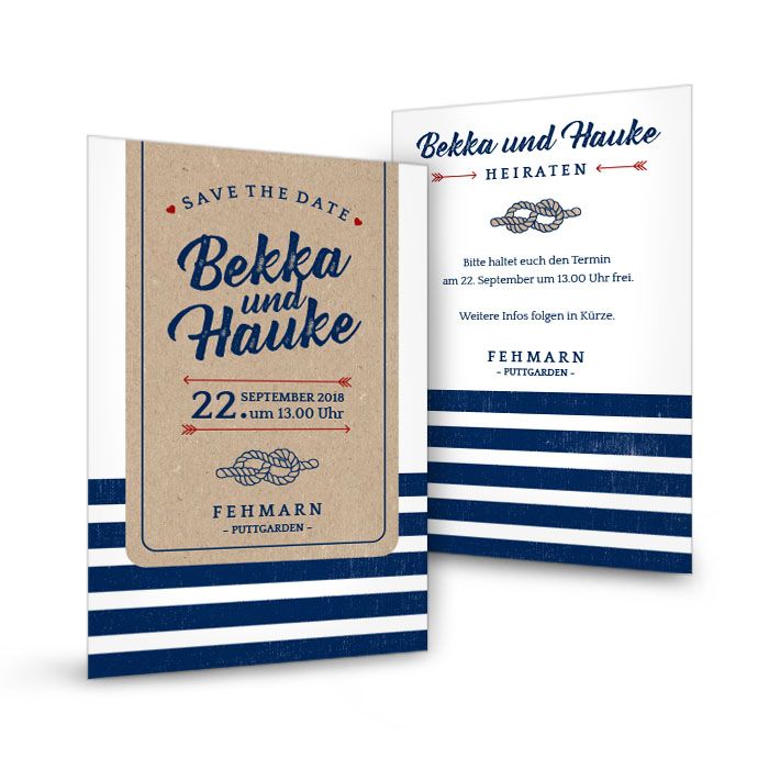 Maritime gestreifte Save-the-Date Karte in Kraftpapieroptik | Cariñokarten Maritime gestreifte Save-the-Date Karte in Kraftpapieroptik | Cariñokarten
