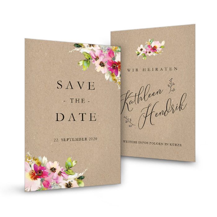 Save the Date Karte mit bunten Blumen und Kraftpapieroptik | Cariñokarten