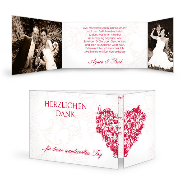 Danksagung zur Hochzeit mit floralem Muster als Altarfalz Cariñokarten