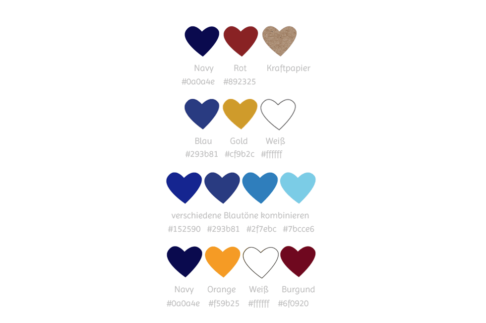Farbkombinationen zum blauen Farbkonzept zur Hochzeit - carinokarten