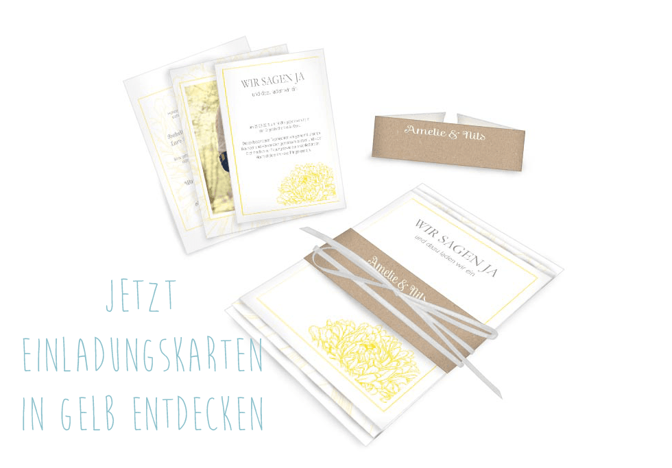 Florale Einladung zur Hochzeit in Gelb mit Kraftpapierstil-Elementen - carinokarten