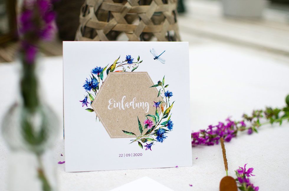 Greenery Einladung zur Hochzeit mit Kornblumen Franzisca und Marvin - carinokarten