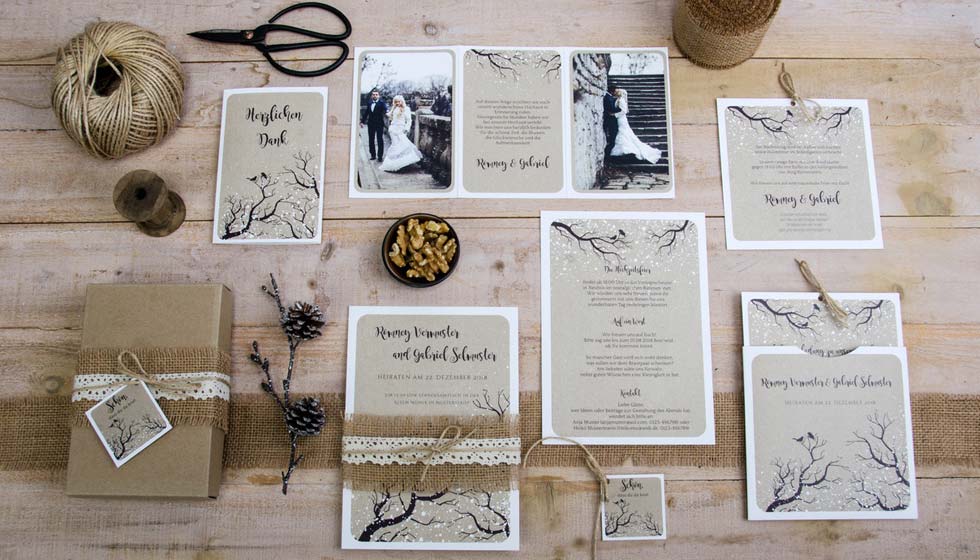Hochzeitsserie Romney und Gabriel im winterlichen Design und Kraftpapieroptik carinokarten